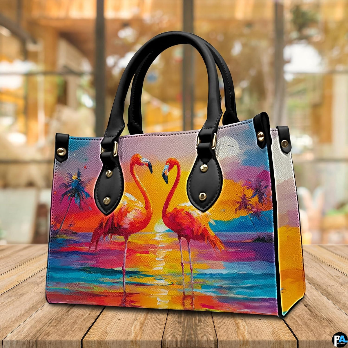 Side profile perspective of the handbag showing structured side panel and hardware.