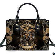 Front view of Gothic Ram Zodiac Handbag showing detailed ram crest and skull artwork.