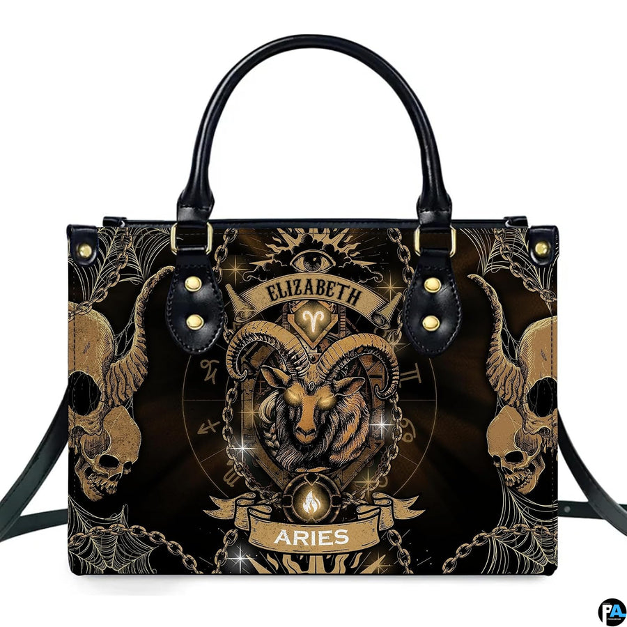 Front view of Gothic Ram Zodiac Handbag showing detailed ram crest and skull artwork.