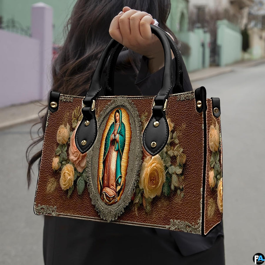 Matching wallet displaying Virgin of Guadalupe devotional artwork with radiant aura and roses