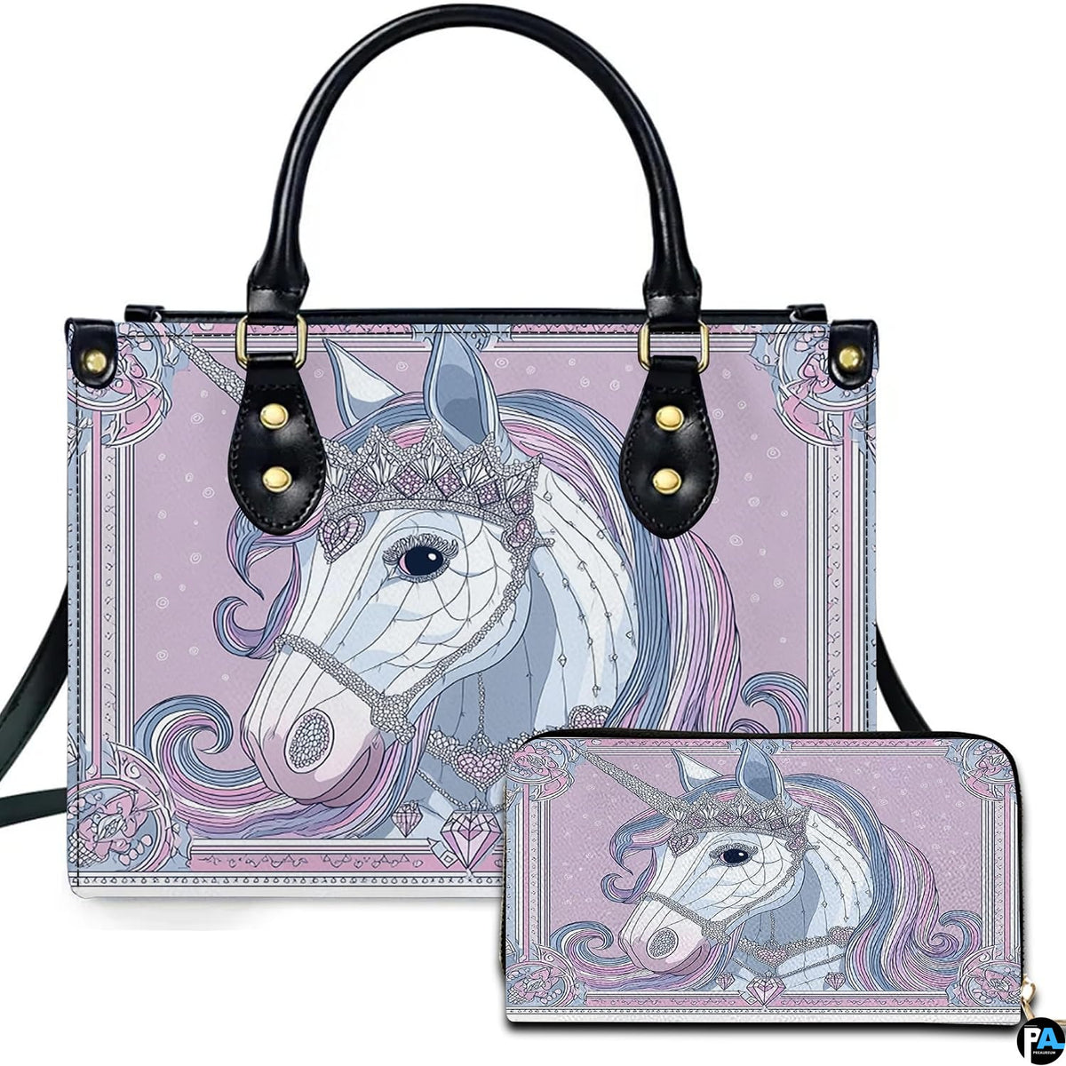 Front view of ethereal crowned unicorn handbag and matching wallet set within an ornate lilac frame.