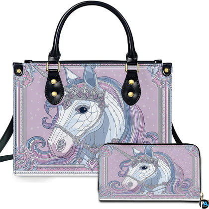 Front view of ethereal crowned unicorn handbag and matching wallet set within an ornate lilac frame.