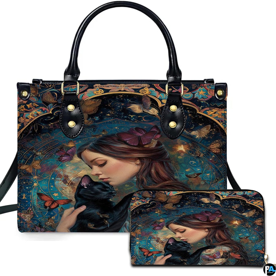 Black Cat Leather Bag – Vintage Cat Art Handbag, Stylish Animal-Themed Purse, Unique Gift for Cat Lovers