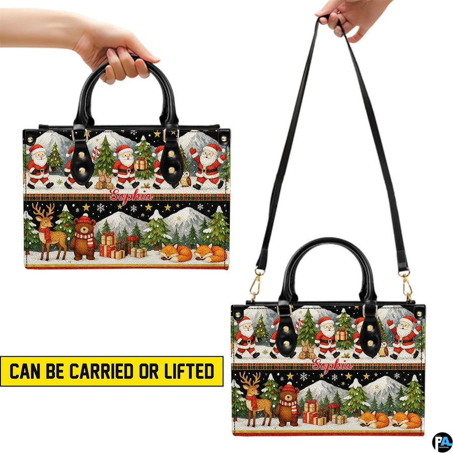 Side angle view of structured handbag showing profile silhouette, durable black trim, and festive graphic wrap.