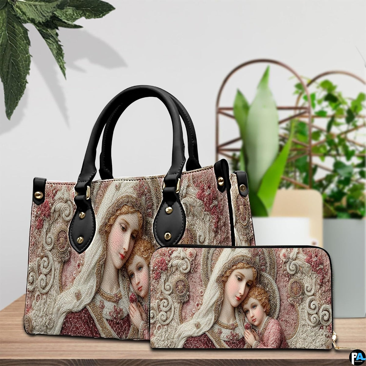 Bottom view displaying flat base and protective metal stud feet of the religious handbag.