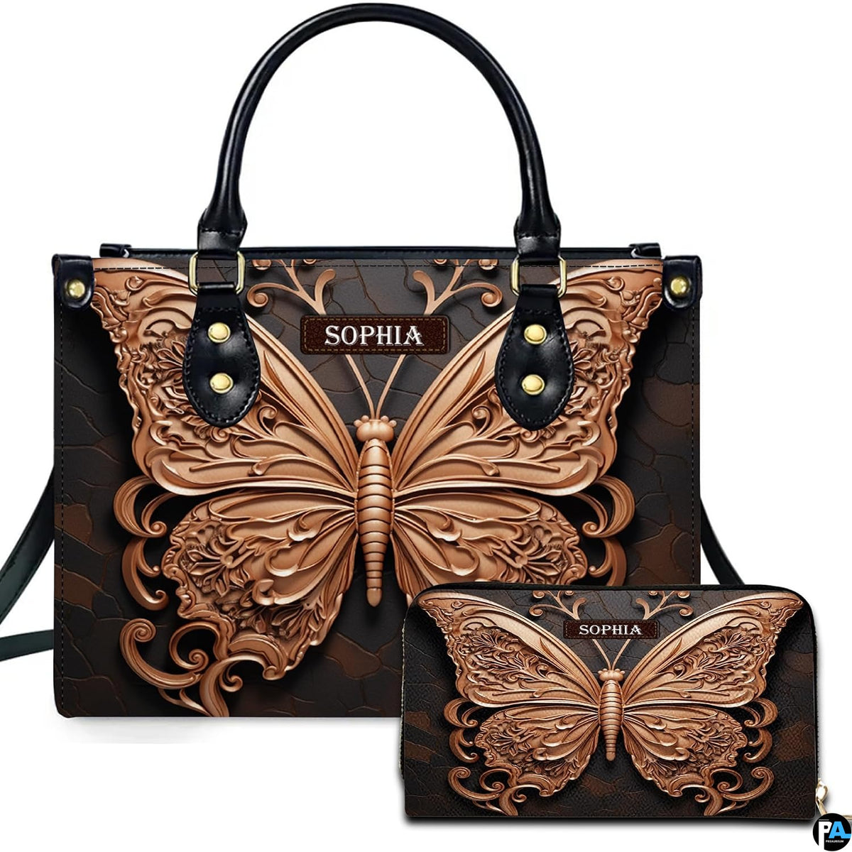 Rose gold filigree butterfly handbag and matching wallet set displayed against a dark studio background.