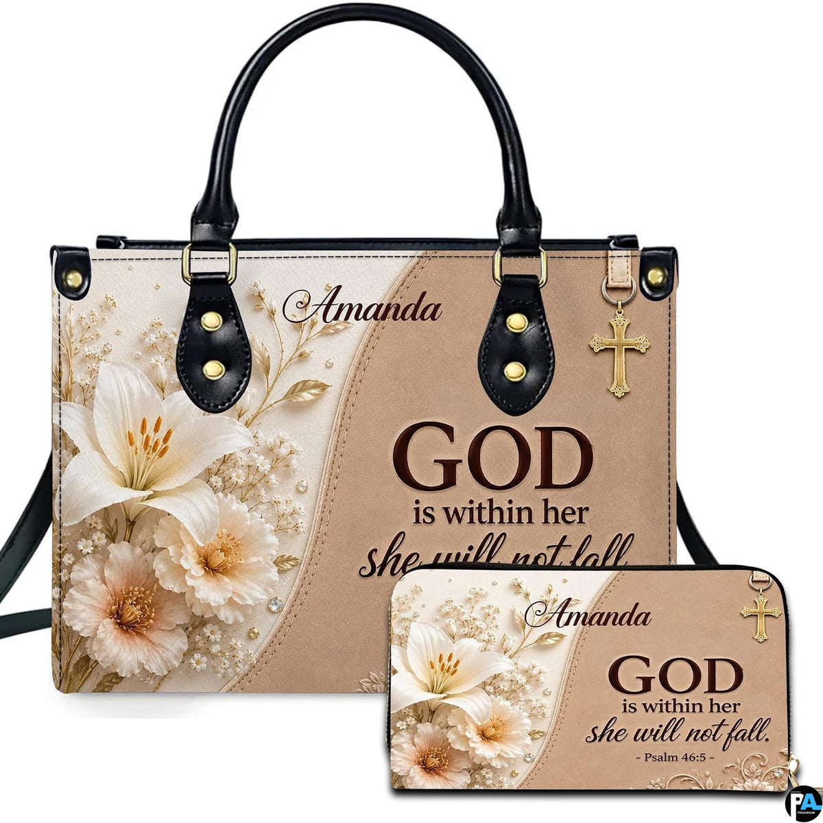 Angled view showing structured dual-tone scripture handbag
