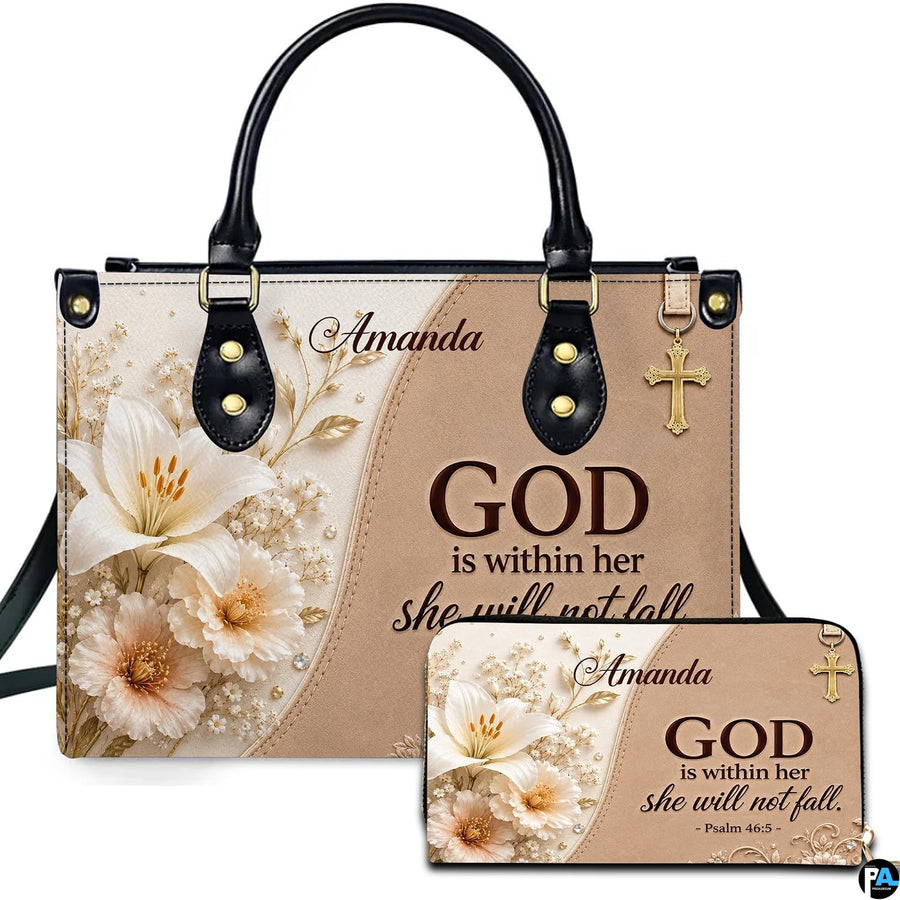 Angled view showing structured dual-tone scripture handbag