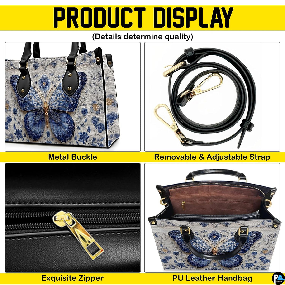 Detailed four-panel overview showing close-up aesthetic accents of floral butterfly handbag