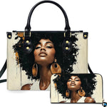 Afro woman portrait handbag and matching wallet with black paint splashes and gold earrings
