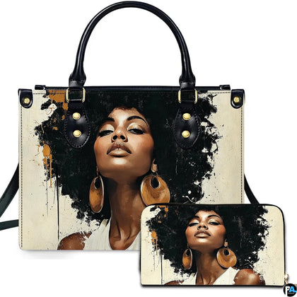 Afro woman portrait handbag and matching wallet with black paint splashes and gold earrings