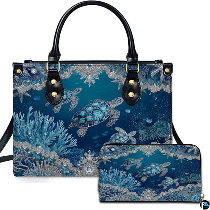 Sea turtle handbag and matching zip wallet displayed against studio background with silver lace details.