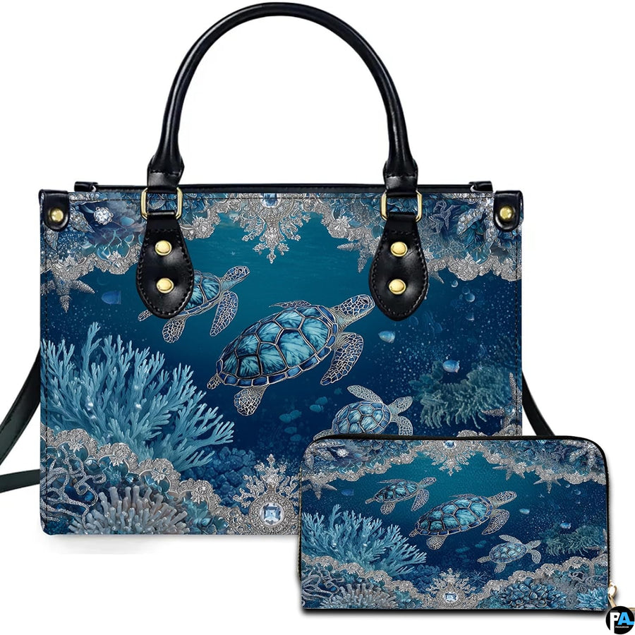 Sea turtle handbag and matching zip wallet displayed against studio background with silver lace details.