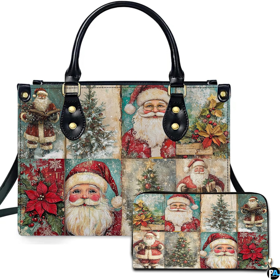 Vintage Santa Claus collage handbag and matching wallet set featuring nostalgic Christmas postcards.