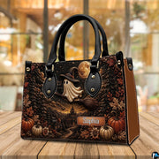 Indoor still life perspective of autumn ghost satchel placed on wooden surface.