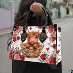 Street lifestyle view showcasing the wicker basket calf and rose artwork in outdoor daylight.