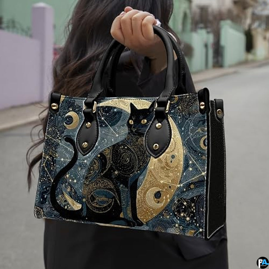 Black Cat Leather Bag – Vintage Cat Art Handbag, Stylish Animal-Themed Purse, Unique Gift for Cat Lovers