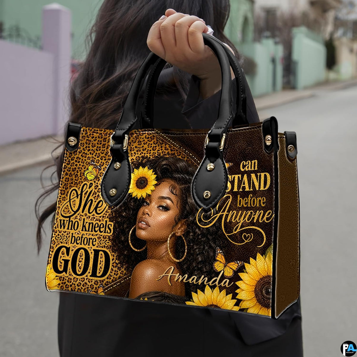 African American faith sunflower art presented outdoors along an urban sidewalk during a sunny stroll.