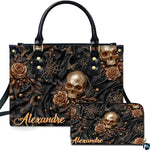 Gothic golden skull rose handbag and matching wallet set on white studio background.