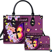 Purple butterfly cross handbag and matching wallet set featuring watercolor flowers on white backdrop