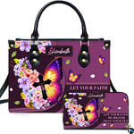 Purple butterfly cross handbag and matching wallet set featuring watercolor flowers on white backdrop