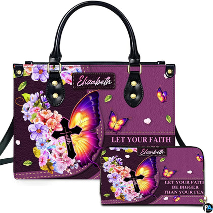 Purple butterfly cross handbag and matching wallet set featuring watercolor flowers on white backdrop