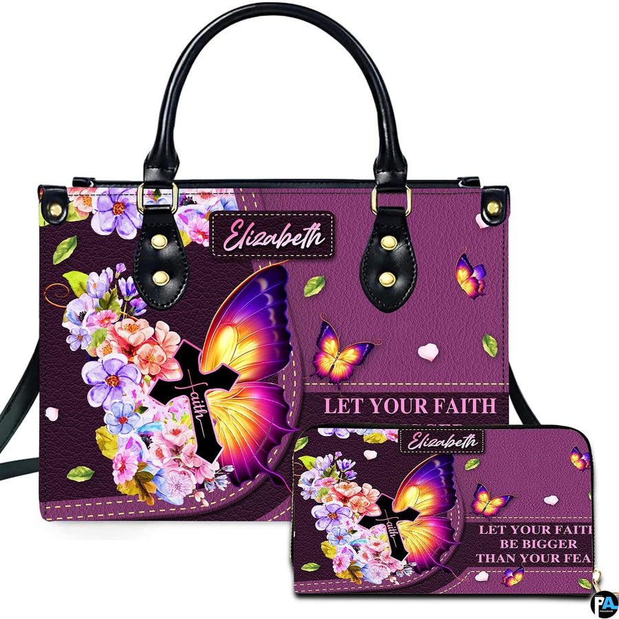 Purple butterfly cross handbag and matching wallet set featuring watercolor flowers on white backdrop