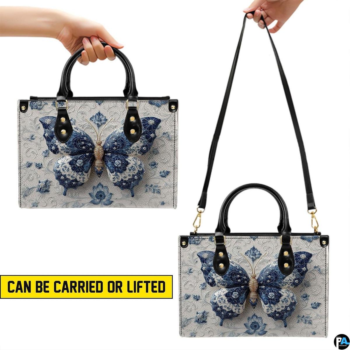 Bottom view of porcelain butterfly handbag showing flat rectangular base