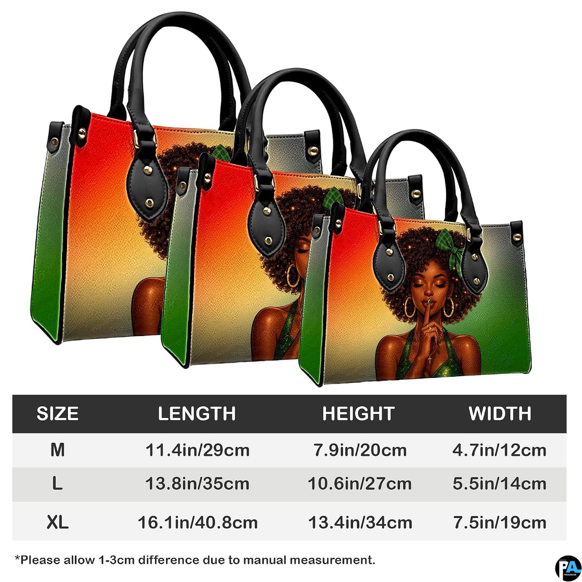 Three afro portrait handbag silhouettes on a comparison panel