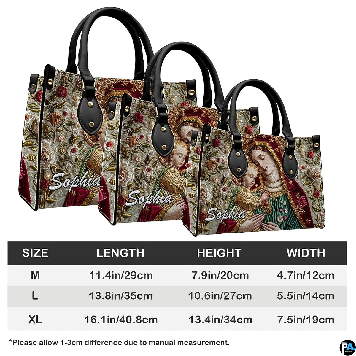 Size comparison chart demonstrating medium, large, and extra-large handbag proportions