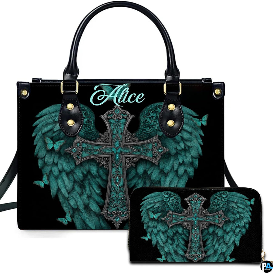 Turquoise angel wings cross handbag and matching wallet set featuring feathered wings on black.