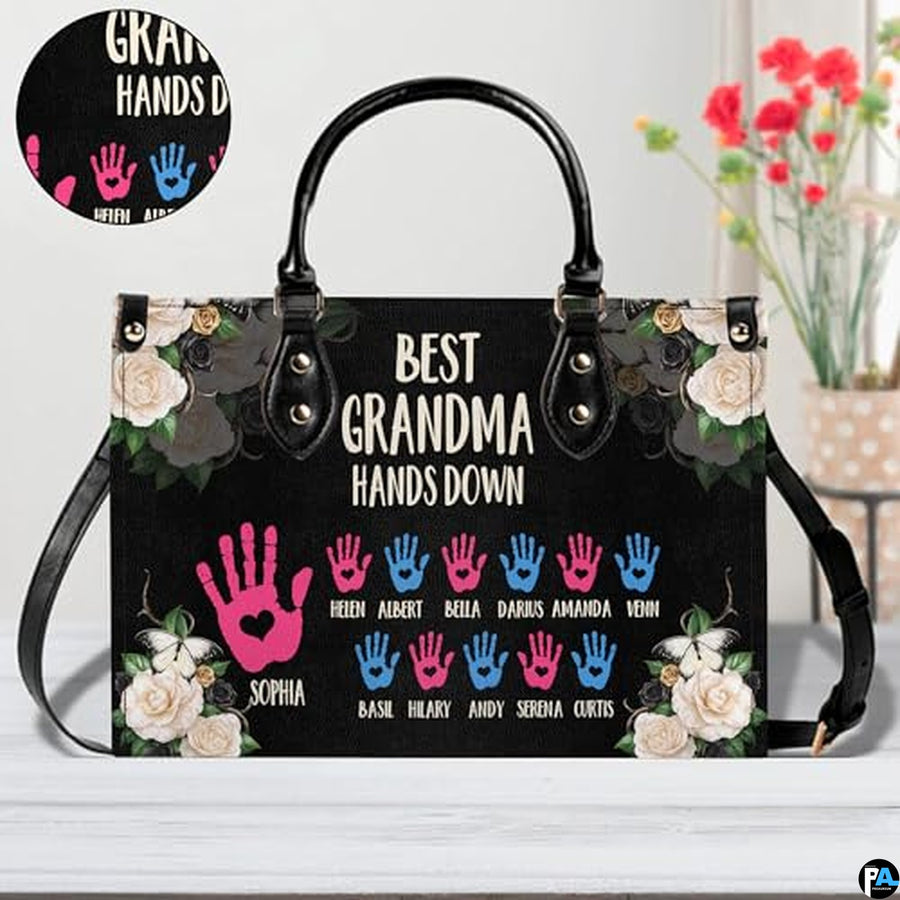 Mothers Day Gift Leather Bag- Personalized Grandmas Purse With Grandkids Names, Grandma Handbag Birthday Gifts For Mom Women
