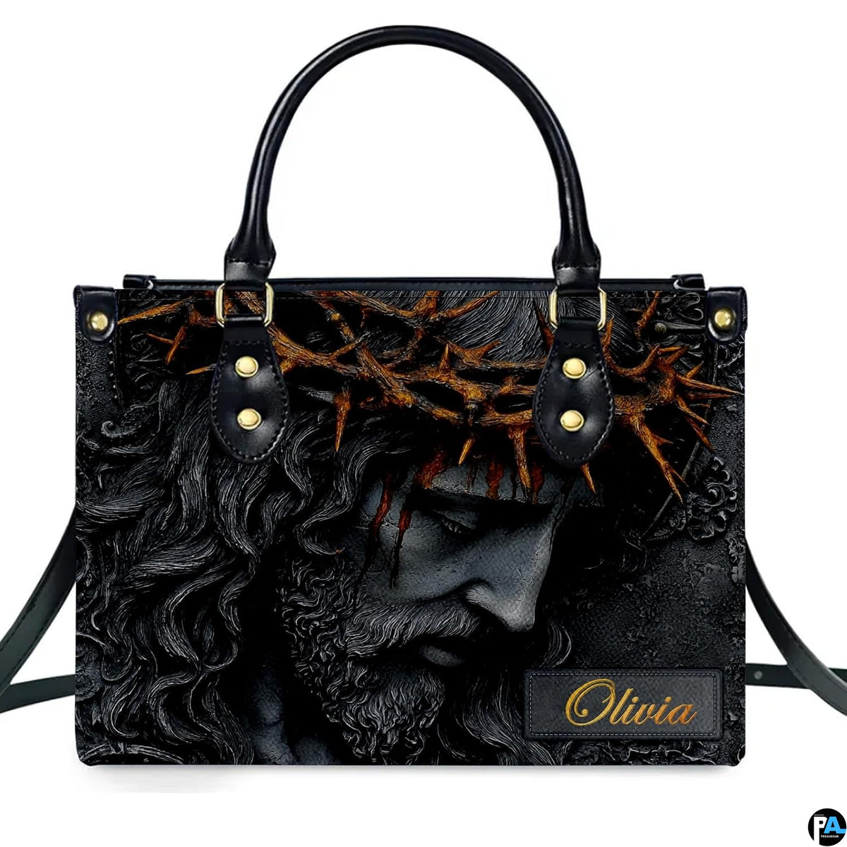 Alternative angle view of crown of thorns Jesus handbag and matching wallet