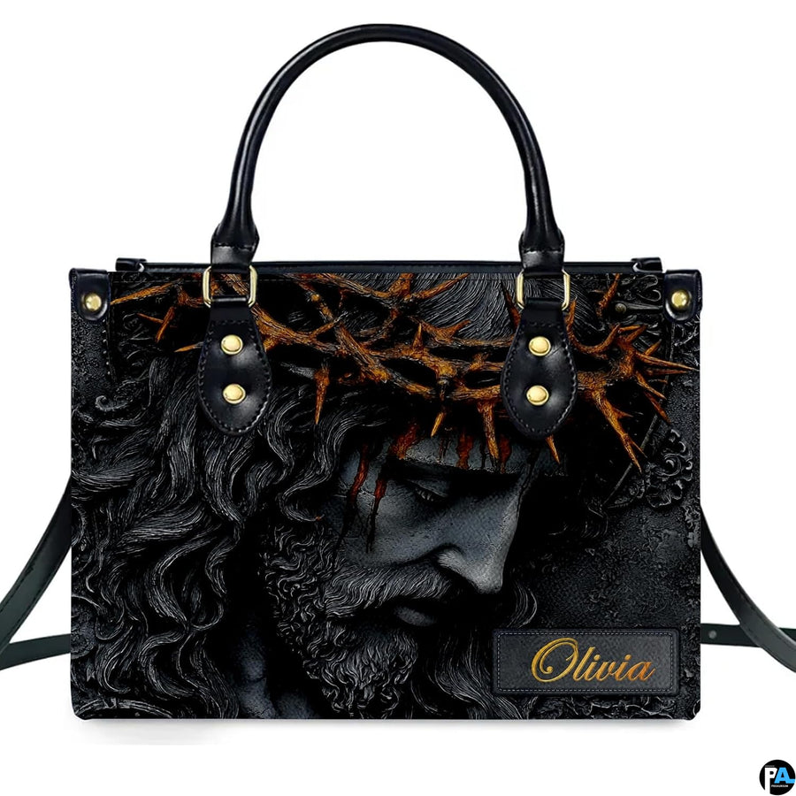 Alternative angle view of crown of thorns Jesus handbag and matching wallet