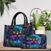 Side profile of celestial moth handbag showing continuous starlit night meadow pattern along gusset