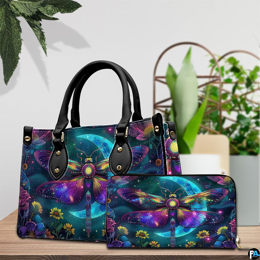 Side profile of celestial moth handbag showing continuous starlit night meadow pattern along gusset