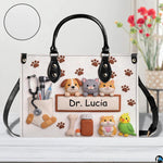 Angled view of veterinary handbag showing detailed clay animals and clinical tool illustrations