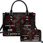 Gothic crimson rose cross handbag and matching wallet set featuring vine-wrapped cross.