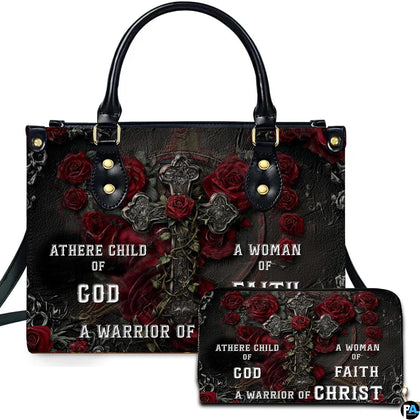 Gothic crimson rose cross handbag and matching wallet set featuring vine-wrapped cross.