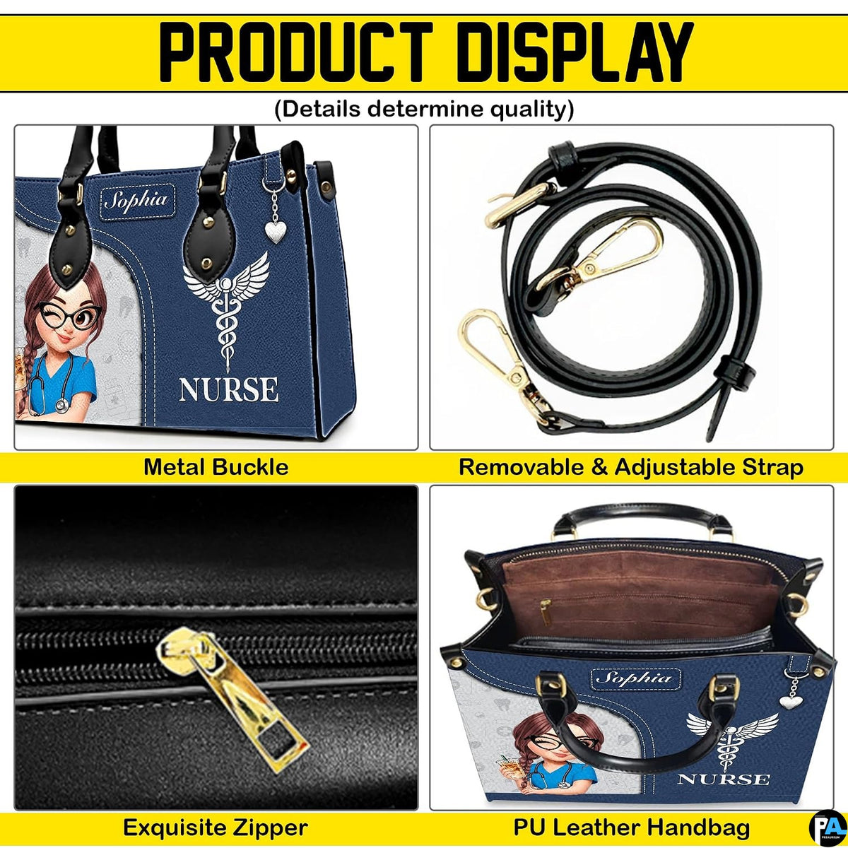Four-panel showcase illustrating design details, hardware, and interior layout.