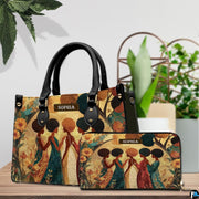 Artistic presentation of the sunflower sisterhood design placed on a wooden surface beside lush green leaves.