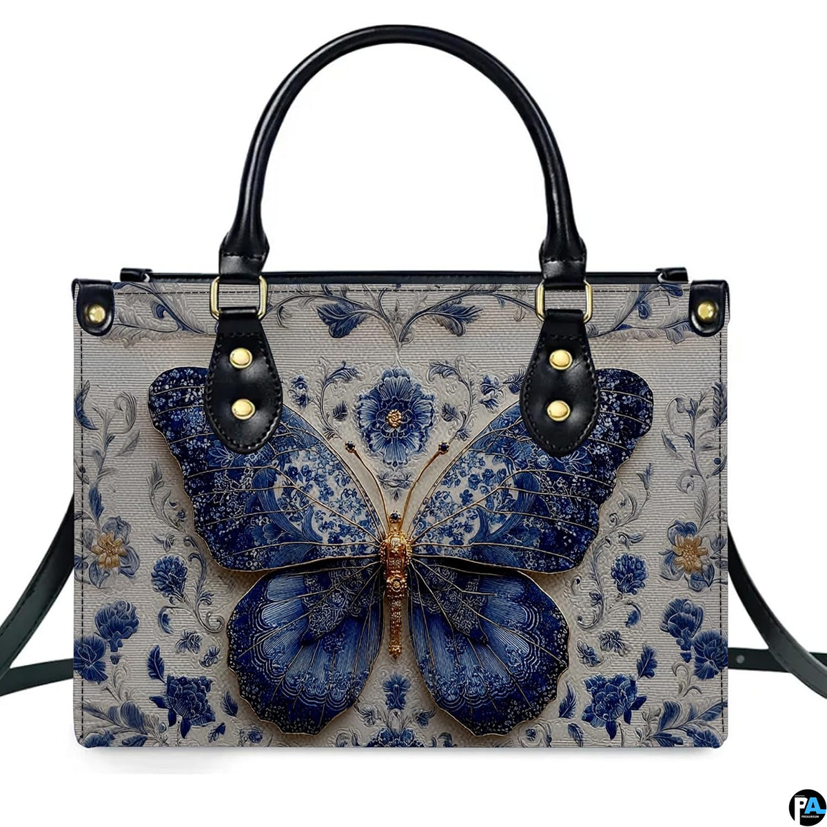 Straight-on studio portrait of Delftware floral butterfly handbag against white background
