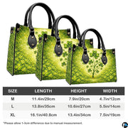 Clover tree handbag measurement chart with three illustrated views