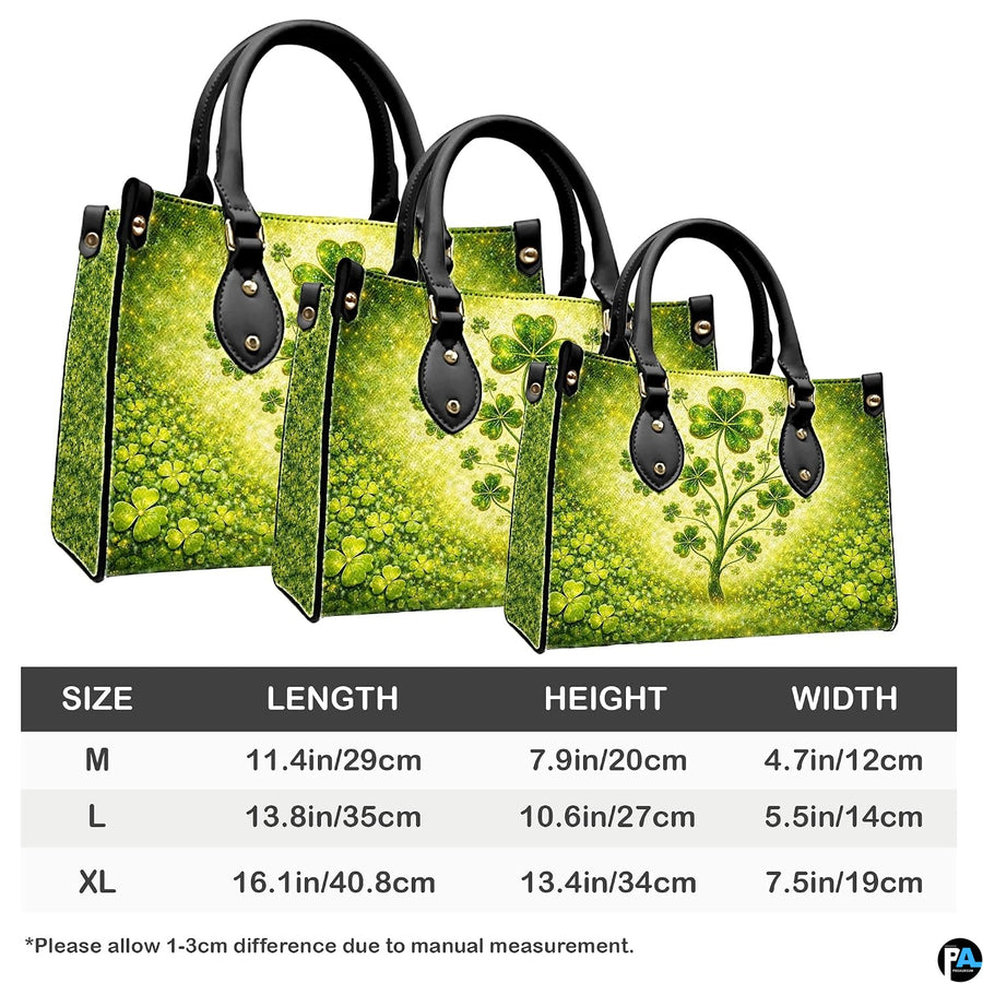 Clover tree handbag measurement chart with three illustrated views
