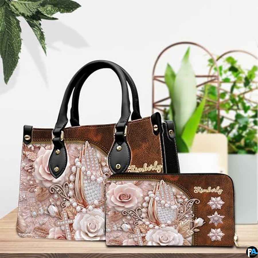 Custom Religious Praying Hands Rose Handbag for Christian Women