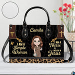 Christian nurse handbag displayed indoors alongside floral vase with circular texture swatch.