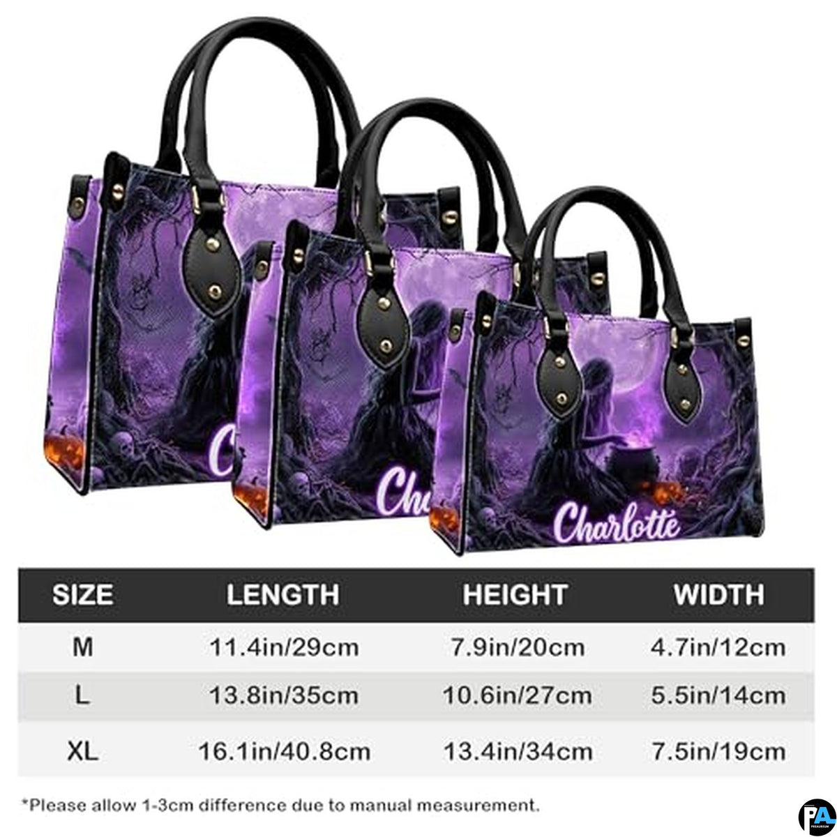 Personalized Halloween Leather Handbag – Custom Witch 3D Printing Effect Purses For Women – Spooky Gothic Shoulder Bag