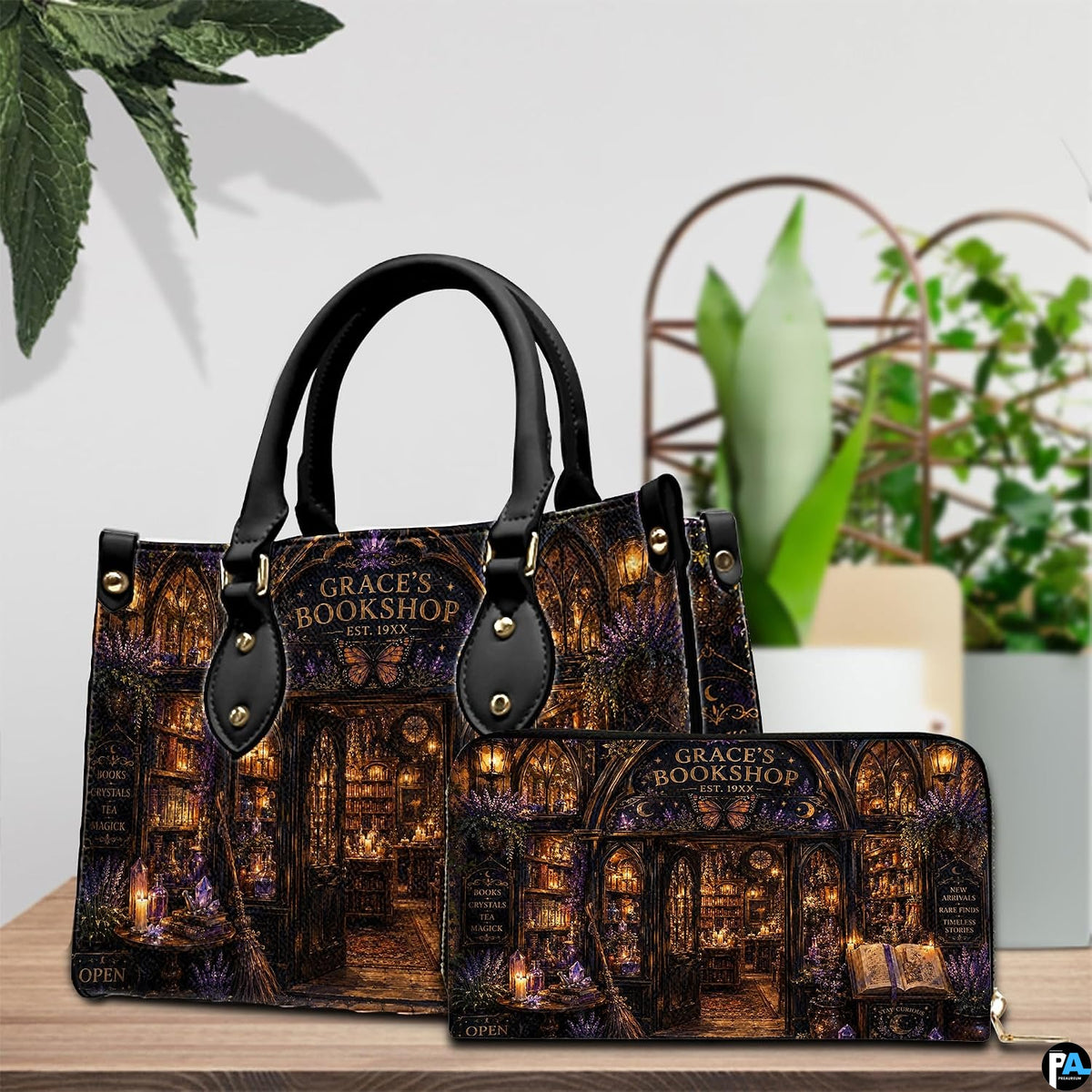 Lifestyle scale display presenting the relative proportions of the mystical emporium handbag and wallet set.