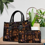 Lifestyle scale display presenting the relative proportions of the mystical emporium handbag and wallet set.