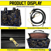 Four paneled graphic presenting decorative butterfly elements, golden hardware accents, and interior view.